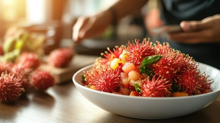 Chef preparing exotic fruit salad indoors
