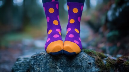 Polka-dot socks, forest, rock, autumn, feet