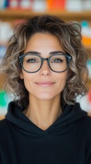 Obraz premium Smiling woman with curly hair wearing glasses. A portrait shot against a blurred background.