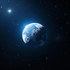 Obraz premium A blue planet with a star in the background. The planet is the center of the image and the star is in the upper left corner