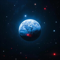 A blue planet with a red spot in the middle. The planet is surrounded by stars. The image has a calm and peaceful mood