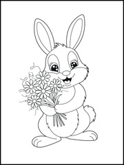 Illustration of a cute bunny cartoon character holding a flower bouquet. Black and white Printable rabbit coloring page for kids.
