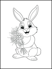 Illustration of a cute bunny cartoon character holding a flower bouquet. Black and white Printable rabbit coloring page for kids.
