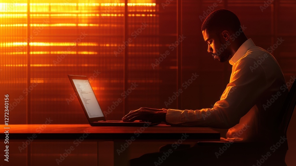 Aufkleber a man is sitting at a desk with a laptop in front of him