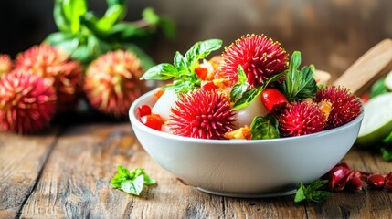 Lychee salad, wood table, kitchen, recipe