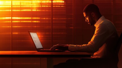A man is sitting at a desk with a laptop in front of him