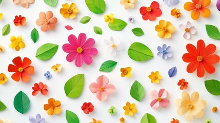 Colorful paper flowers, flatlay, spring