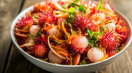 Rambutan salad bowl, wood table