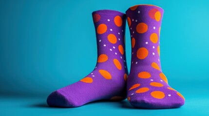 Purple polka dot socks, teal background