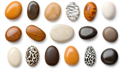 Collection of uniquely colored and textured pebbles displayed on white