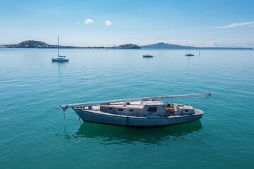 Abandoned sailboat on calm water, peaceful scene. Coastal landscape in background. Waitemata...