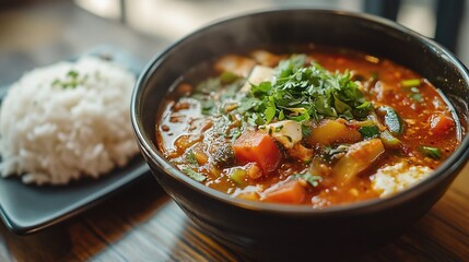 A bowl of gumbo with a side of rice. Gumbo is a popular stew among the U.S. Gulf Coast community, the New Orleans stew variation being the official state cuisine of Louisiana