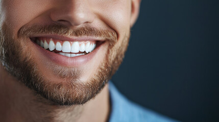 Fototapeta premium Close up of a handsome man smiling with white teeth, short beard, generative AI