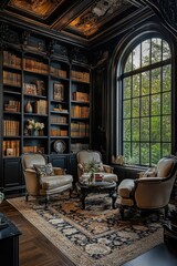Luxurious black library with bookshelves, armchairs, and a window view