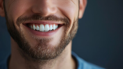 Obraz premium Close up of a handsome man smiling with white teeth, short beard, generative AI