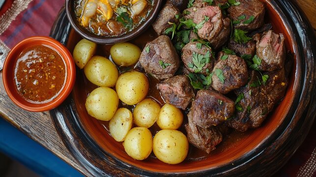 A plate of anticuchos, Peruvian grilled beef heart skewers marinated in spices and served with boiled potatoes and a spicy sauce. In Ecuador, they are known as "chuzos" or "carne en palito