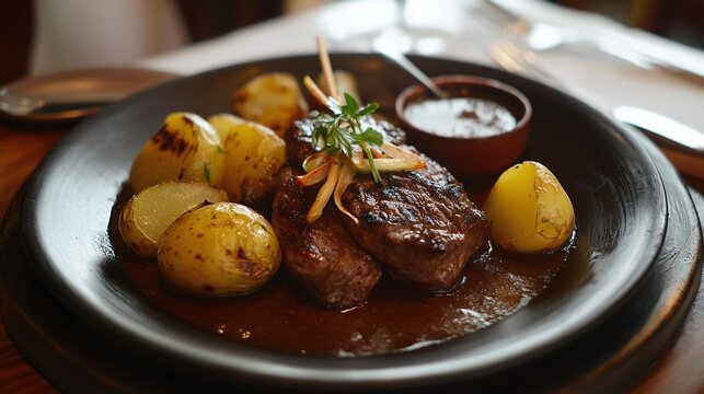 A plate of anticuchos, Peruvian grilled beef heart skewers marinated in spices and served with boiled potatoes and a spicy sauce. In Ecuador, they are known as "chuzos" or "carne en palito