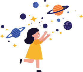 Girl reaching for colorful planets and stars in a playful flat vector illustration