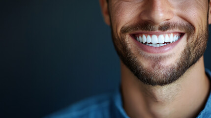Obraz premium Close up of a handsome man smiling with white teeth, short beard, generative AI