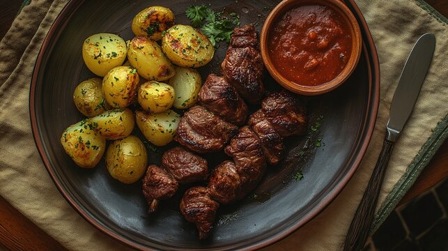 A plate of anticuchos, Peruvian grilled beef heart skewers marinated in spices and served with boiled potatoes and a spicy sauce. In Ecuador, they are known as "chuzos" or "carne en palito
