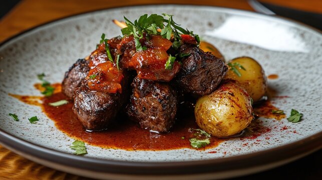 A plate of anticuchos, Peruvian grilled beef heart skewers marinated in spices and served with boiled potatoes and a spicy sauce. In Ecuador, they are known as "chuzos" or "carne en palito