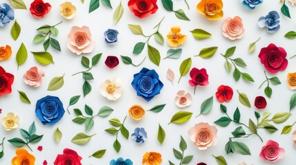 Paper flowers flatlay, white background, craft