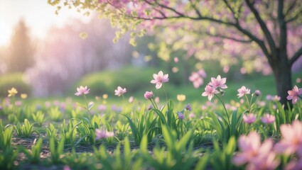 Fototapeta premium Pink Flower Field Spring Meadow