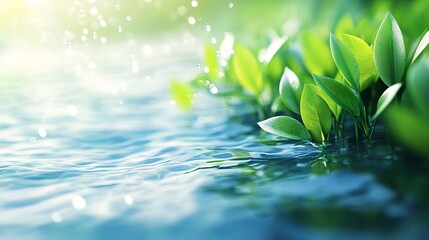 Refreshing Green Leaves by Blue Water Tranquil Nature Scene Peaceful Summer Sunlight Drops Background Image Pure Clean Ecology Lush Greenery Vibrant  