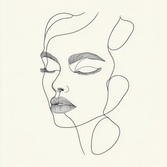 Minimalist Line Art Portrait of Beauty Woman Face with Leaves and Hair