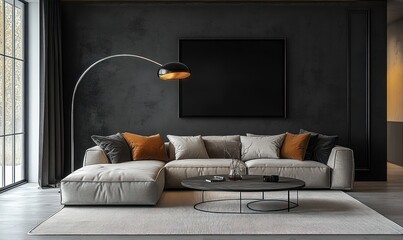 Modern living room with plush sectional sofa and arc floor lamp