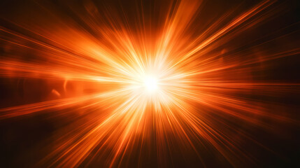 Fototapeta premium A bright orange light bursts from the center, spreading outward in a starburst pattern against a black background. Ethereal Light Beams. Illustration
