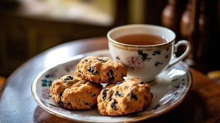 A plate of Eccles cakes, a sweet pastry cake filled with currants, served with a cup of tea