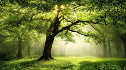 Naklejka premium Sunlit Forest Scene with Majestic Oak Tree