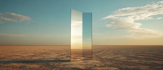 Surreal desert landscape with reflective glass panels at sunset Abstract art concept of illusion, reality, and parallel dimensions in a minimalist environment