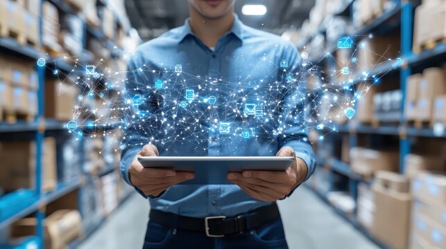 closeup of tablet with inventory forecast, bright natural light,  with supply chain patterns