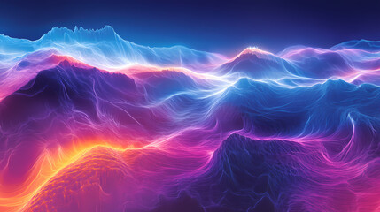 Fototapeta premium A vibrant abstract image showcasing colorful waves of light in purple, blue, and pink, creating a dynamic, fluid visual effect. Ethereal Light Beams. Illustration