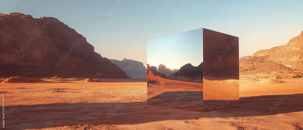 Leinwandbilder reflective metallic cube in a vast desert landscape at sunset a lone person walks towards the cube, 