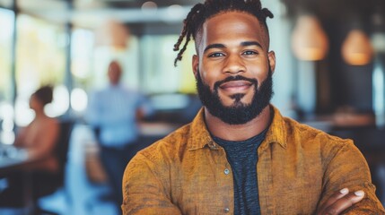 Fototapeta premium Smiling young African American man with dreadlocks in a mustard-colored shirt. Portrait in a modern office.