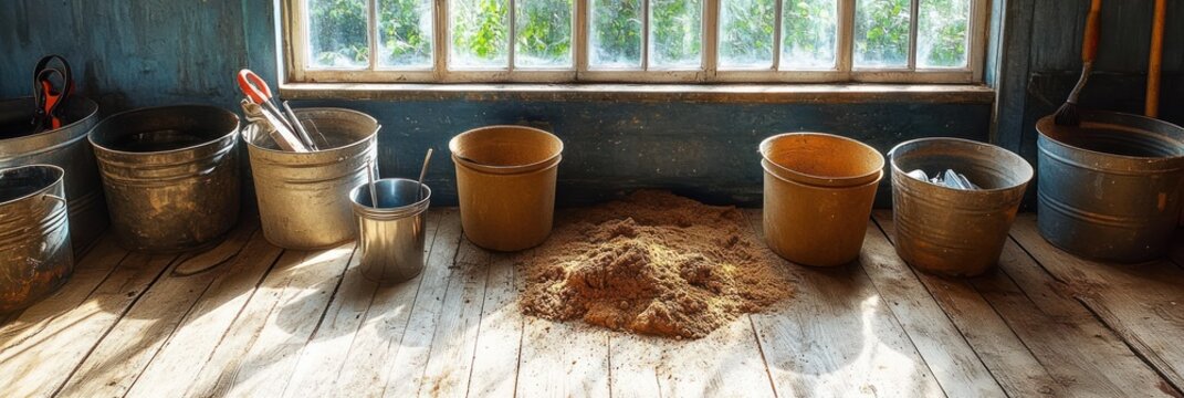 Rustic Workshop with Buckets Tools and Sunlight in Adobe Plastering Environment