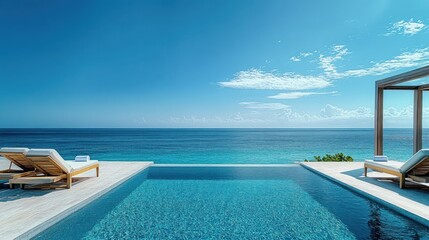 Obraz premium Modern Beach Lounge Chairs by Sparkling Pool with Ocean View under Azure Sky for Vacation and Relaxation