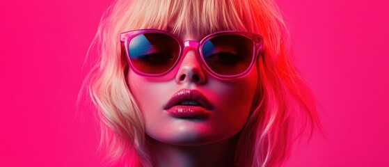 Stylish blonde woman with pink sunglasses and a bold pink backdrop Fashion portrait of a young female model exuding confidence and trendsetting style Concepts of beauty, eyewear, and vibrant color