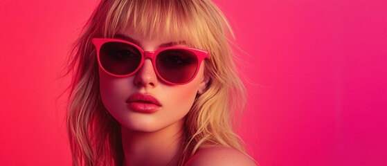 Portrait of a stylish young blonde woman wearing pink sunglasses against a vibrant pink background Fashion, beauty, and eyewear concept