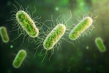 Fototapeta premium Microscopic Green Bacteria Detailed 3D Render High Resolution Medical Illustration Science Microbiology Research Nature Backgrounds Detailed Anatomy 