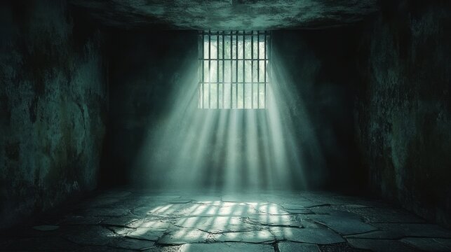 Hyper-realistic 3D Rendering of a Dark Prison Cell Interior with Barred Window and Dramatic Shadows