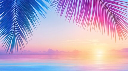 Pastel Sunset Ocean Scene Framed By Palm Fronds