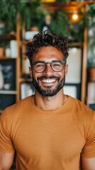 Obraz premium Smiling man with curly hair and glasses. Happy, confident expression in a casual setting.