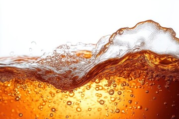 sparkling amber liquid splash on white background with bubbles and waves high-speed photography