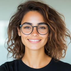 Obraz premium Portrait of a young woman with curly brown hair and glasses, smiling warmly. Her radiant smile and friendly expression create a cheerful atmosphere.