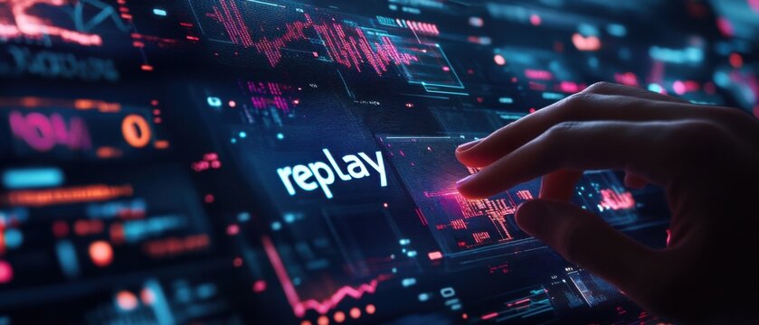 Person pressing replay button on futuristic digital interface with graphs and data Concept of technology, data analysis, and user experience