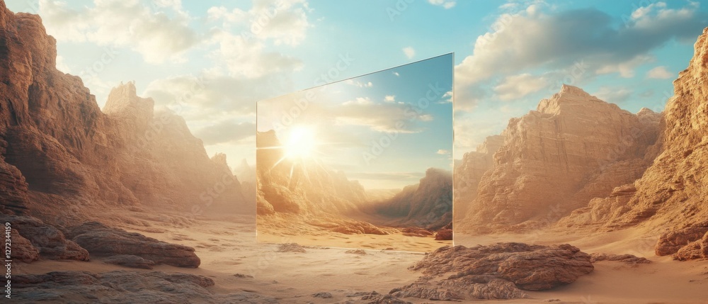Poster surreal desert landscape with a transparent screen reflecting the sun and mountains at sunset concep